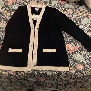 Anne Klein Black Cardigan with Cream Trim